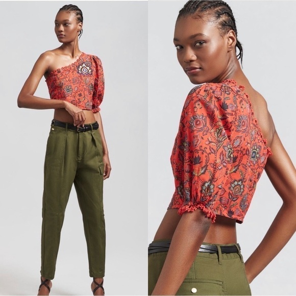 NWT FARM RIO One Shoulder Tropical Floral Red Cropped Top M - Picture 1 of 6